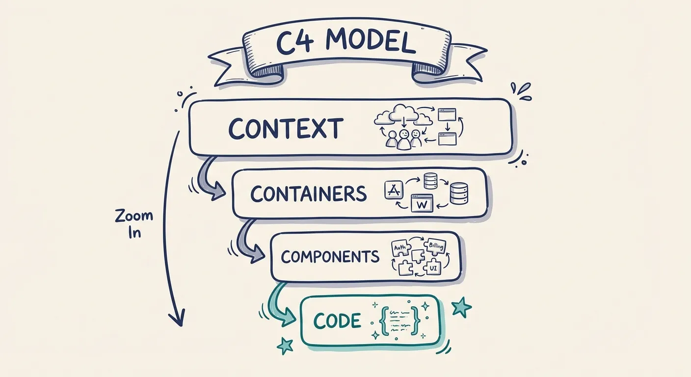 C4 Model hierarchy showing Context, Containers, Components, and Code levels