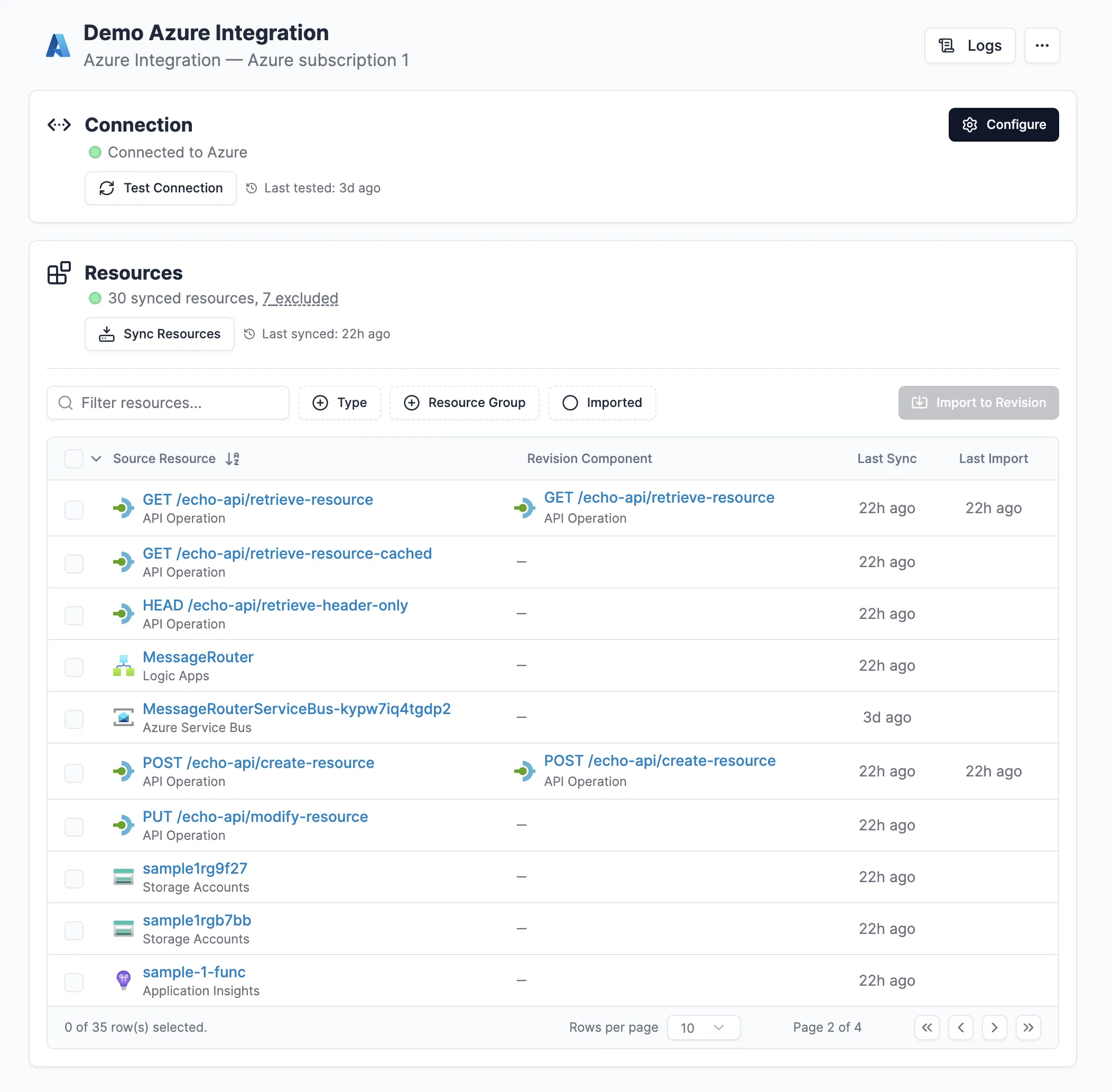 Example of the built-in Azure Revision integration