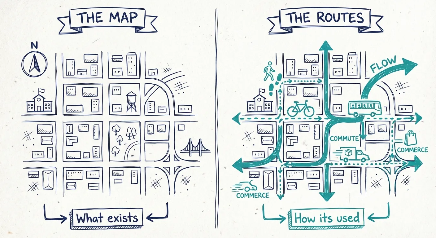 Comparison showing a city map on one side and highlighted travel routes on the other - illustrating the difference between static architecture and dynamic use cases