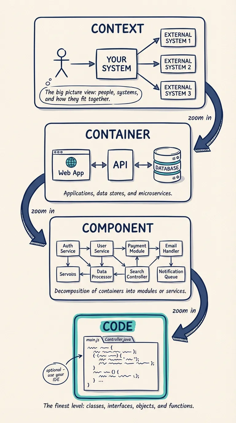 The C4 model's four levels of zoom: Context, Containers, Components, and Code