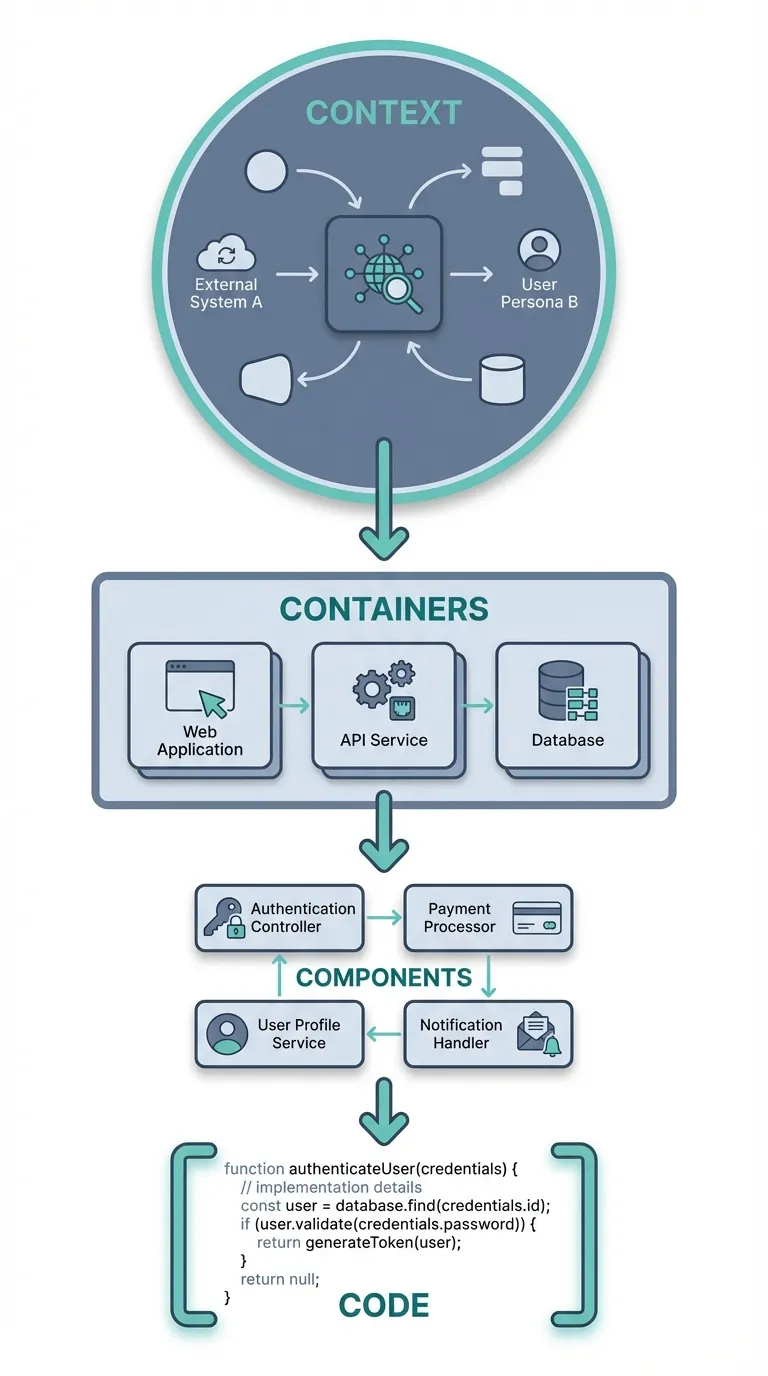 The C4 model's four levels of zoom: Context, Containers, Components, and Code