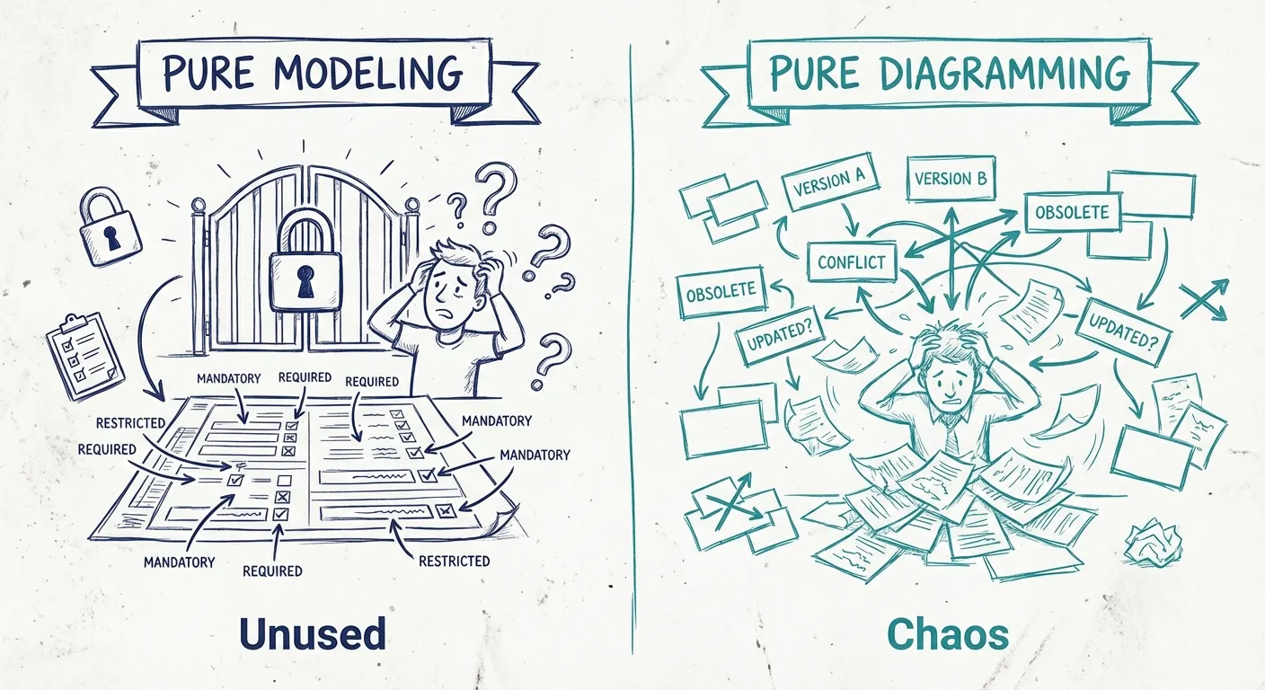 Pure Modeling vs Pure Diagramming: modeling creates barriers and goes unused, while diagramming creates chaos with no source of truth