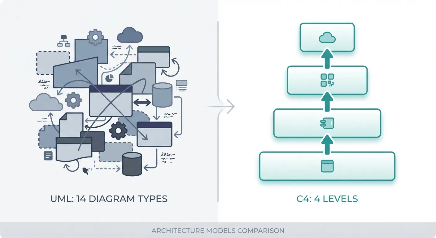 UML's 14 diagram types compared to C4's four simple levels