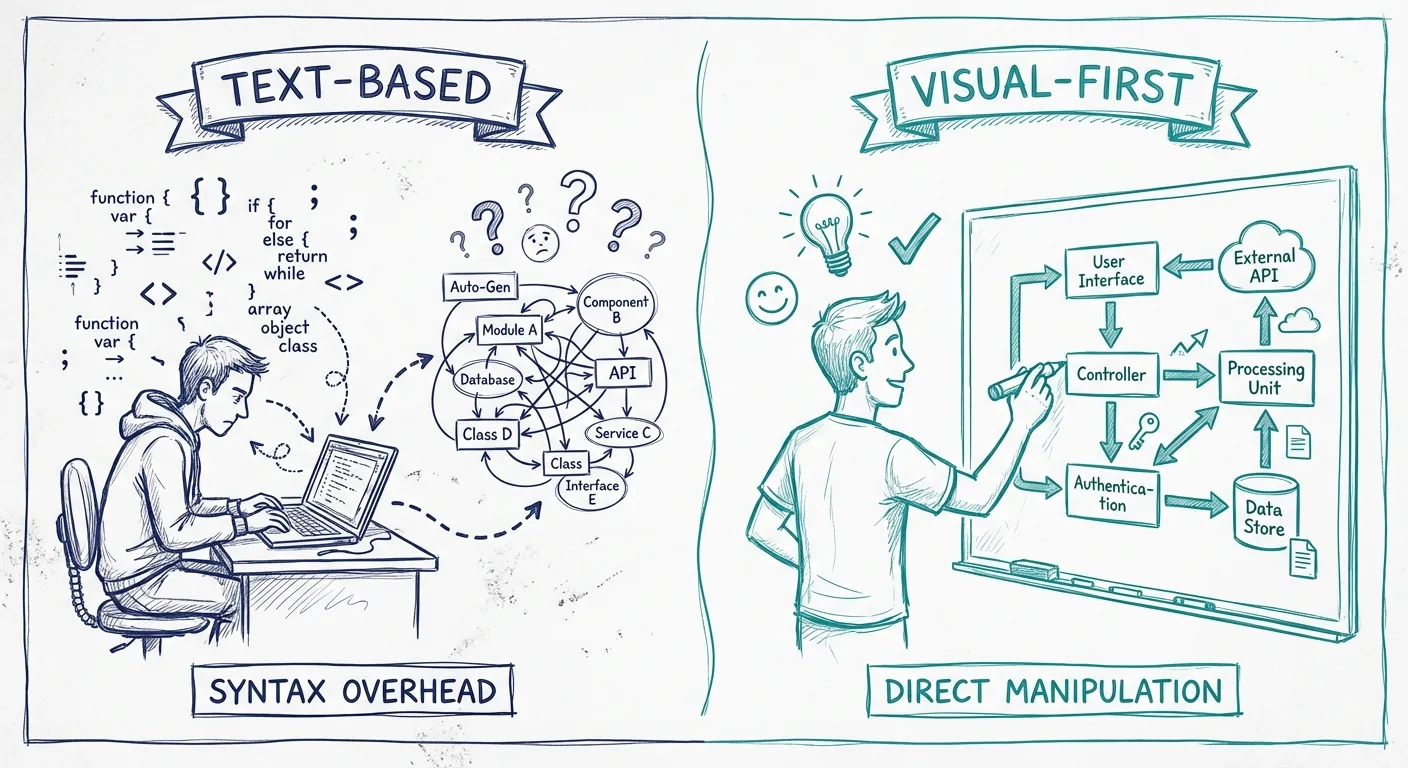 Text-based vs visual-first: the left side shows code syntax with cognitive overhead, the right shows direct spatial manipulation with immediate feedback