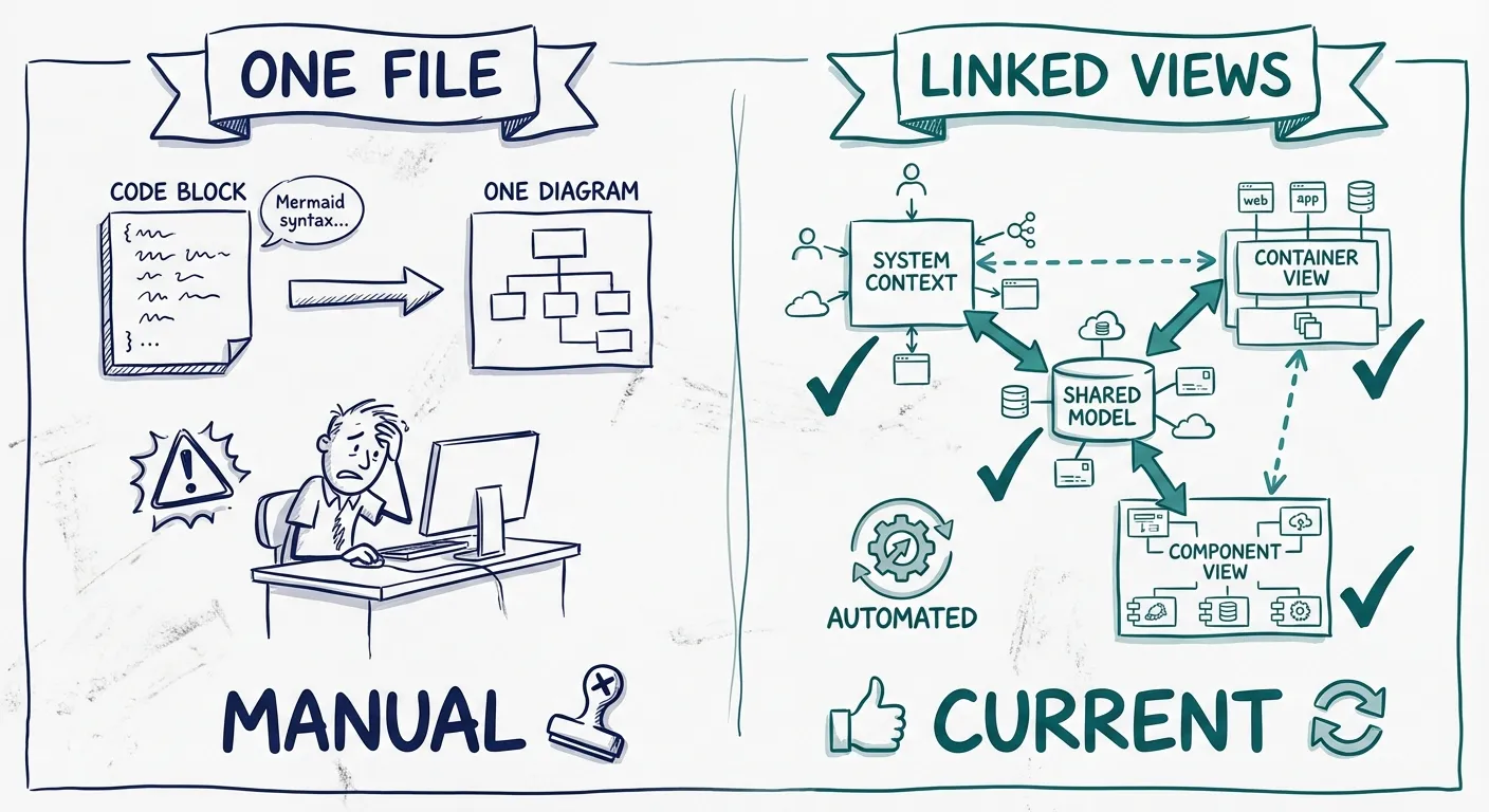 Comparison of a single Mermaid file on one side and linked multi-view architecture docs on the other