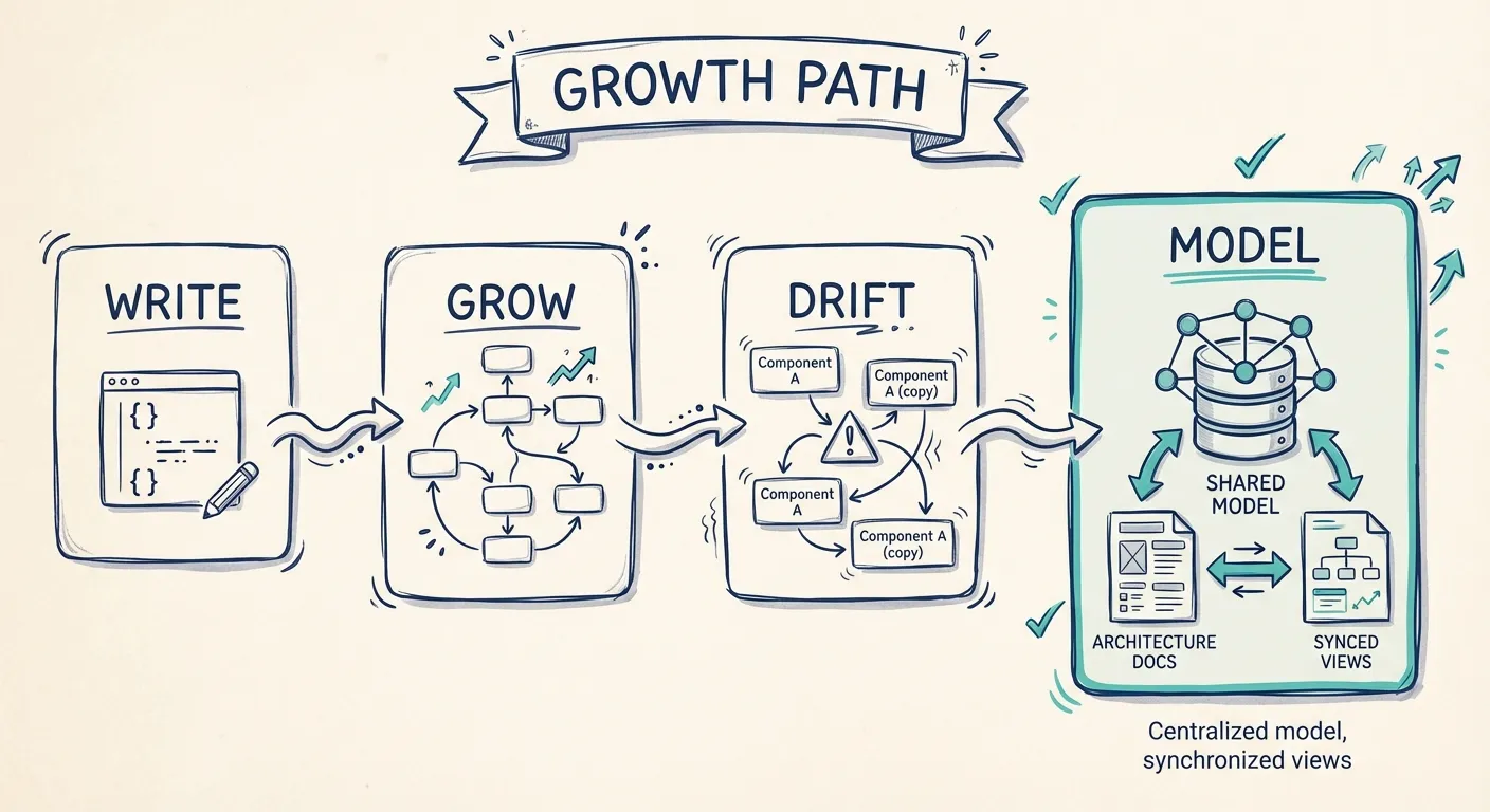 Flow from quick text diagram to reusable model-backed architecture views