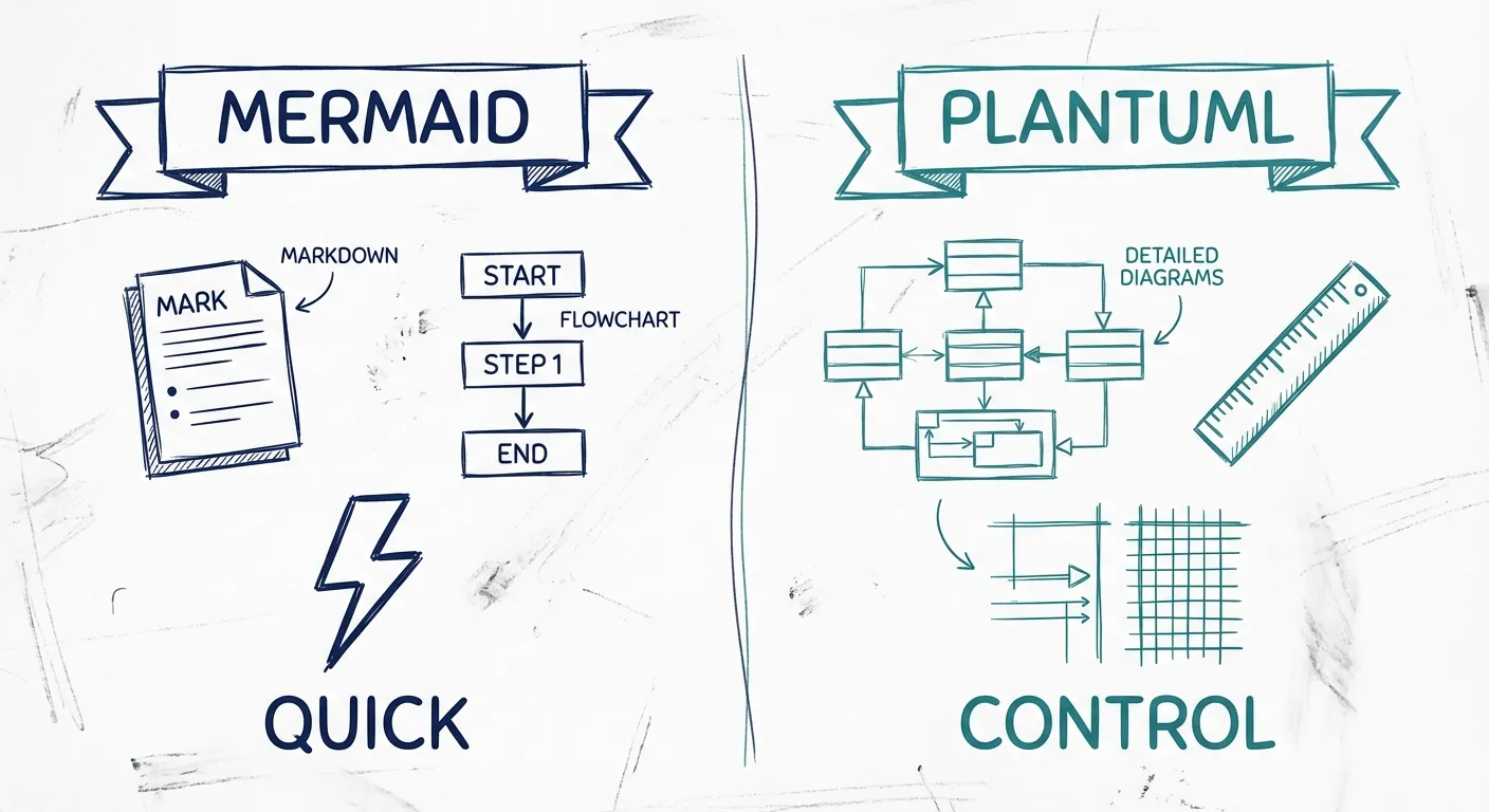 Comparison visual showing Mermaid as easier to start and PlantUML as deeper and more configurable