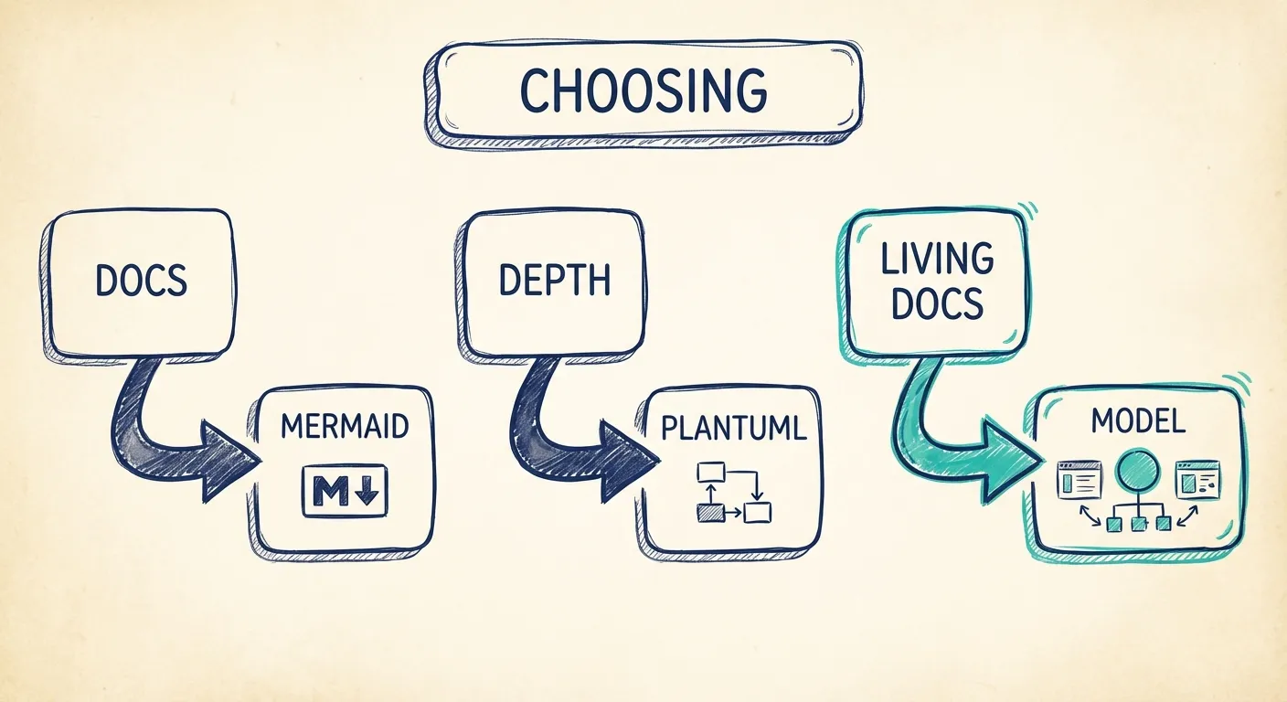 Flow chart showing Mermaid for quick docs, PlantUML for formal text-based diagrams, and model-backed tools for living architecture docs