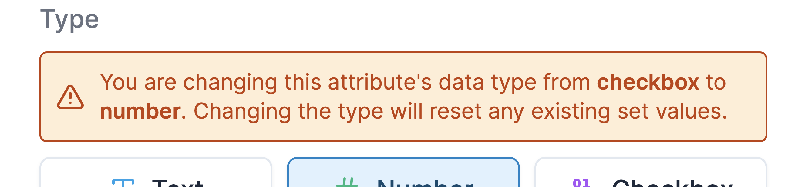 Warning dialog when changing attribute data types showing potential data loss