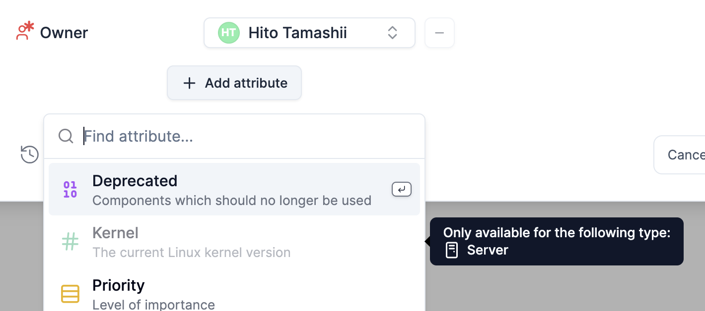 Attribute configuration screen showing type restrictions for specific component types