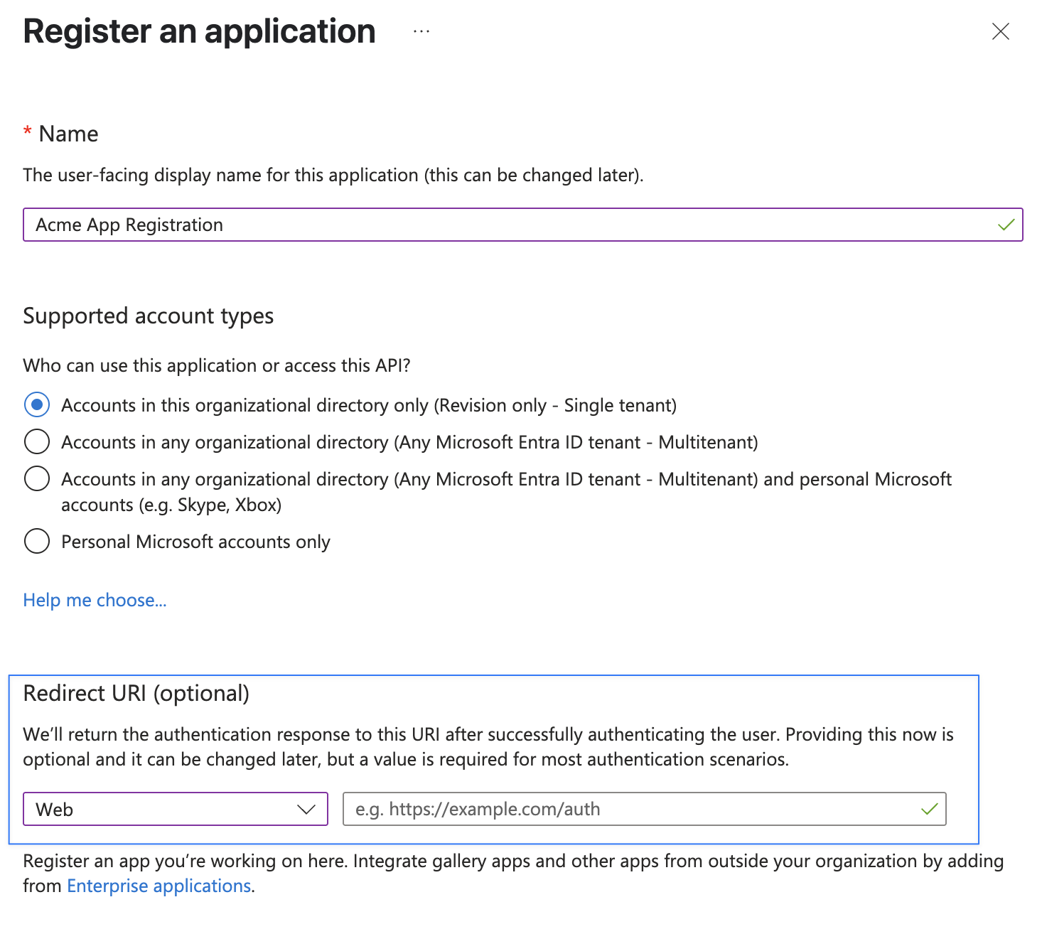 Configuring the Redirect URI for the Azure App Registration in the authentication settings