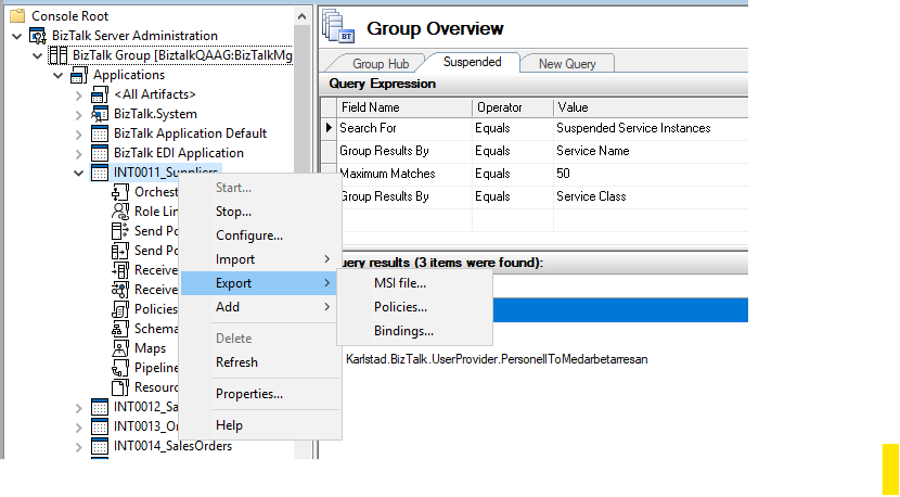 BizTalk binding file export and resource selection interface
