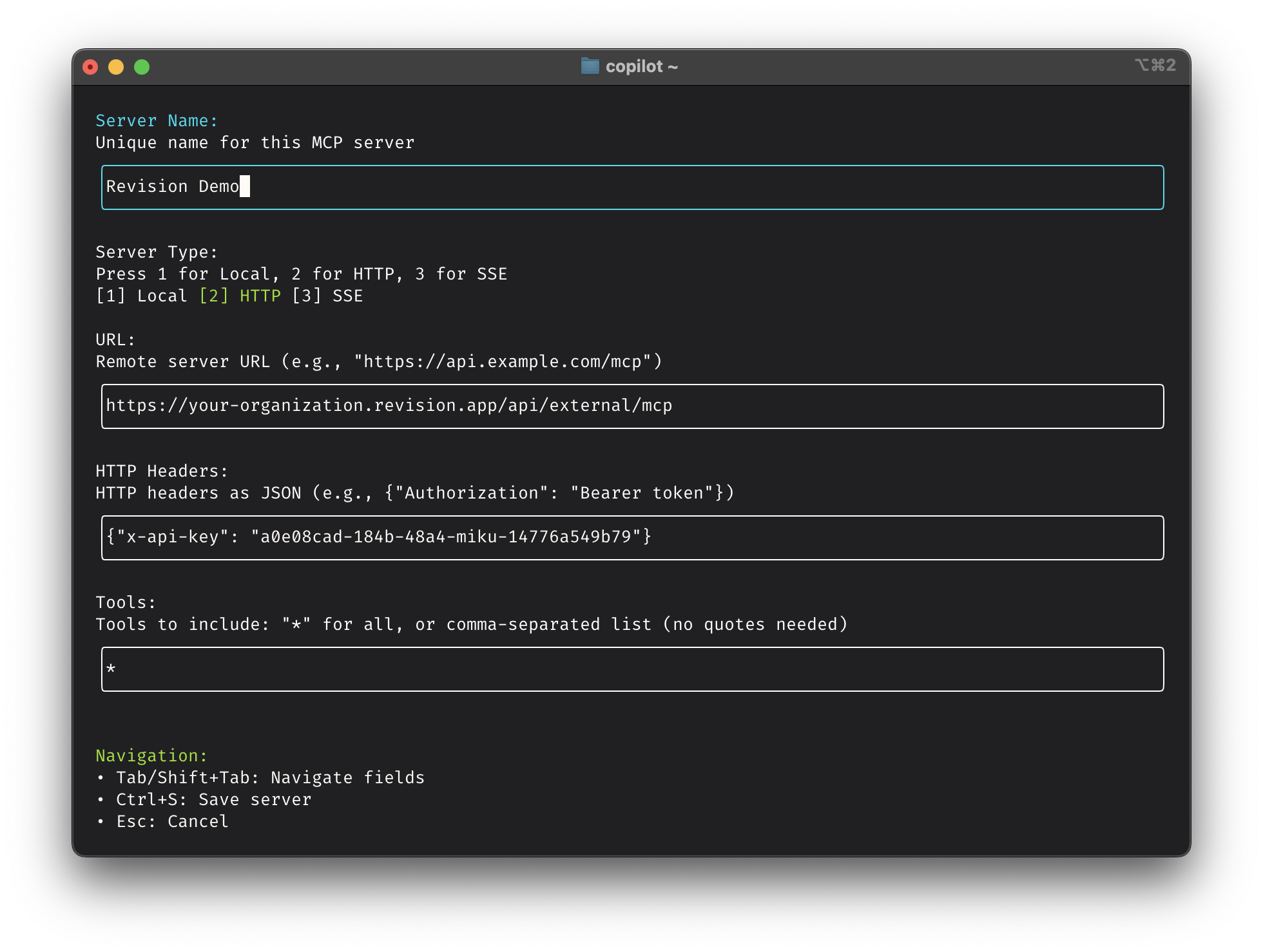MCP Setup Example showing GitHub Copilot CLI configuration