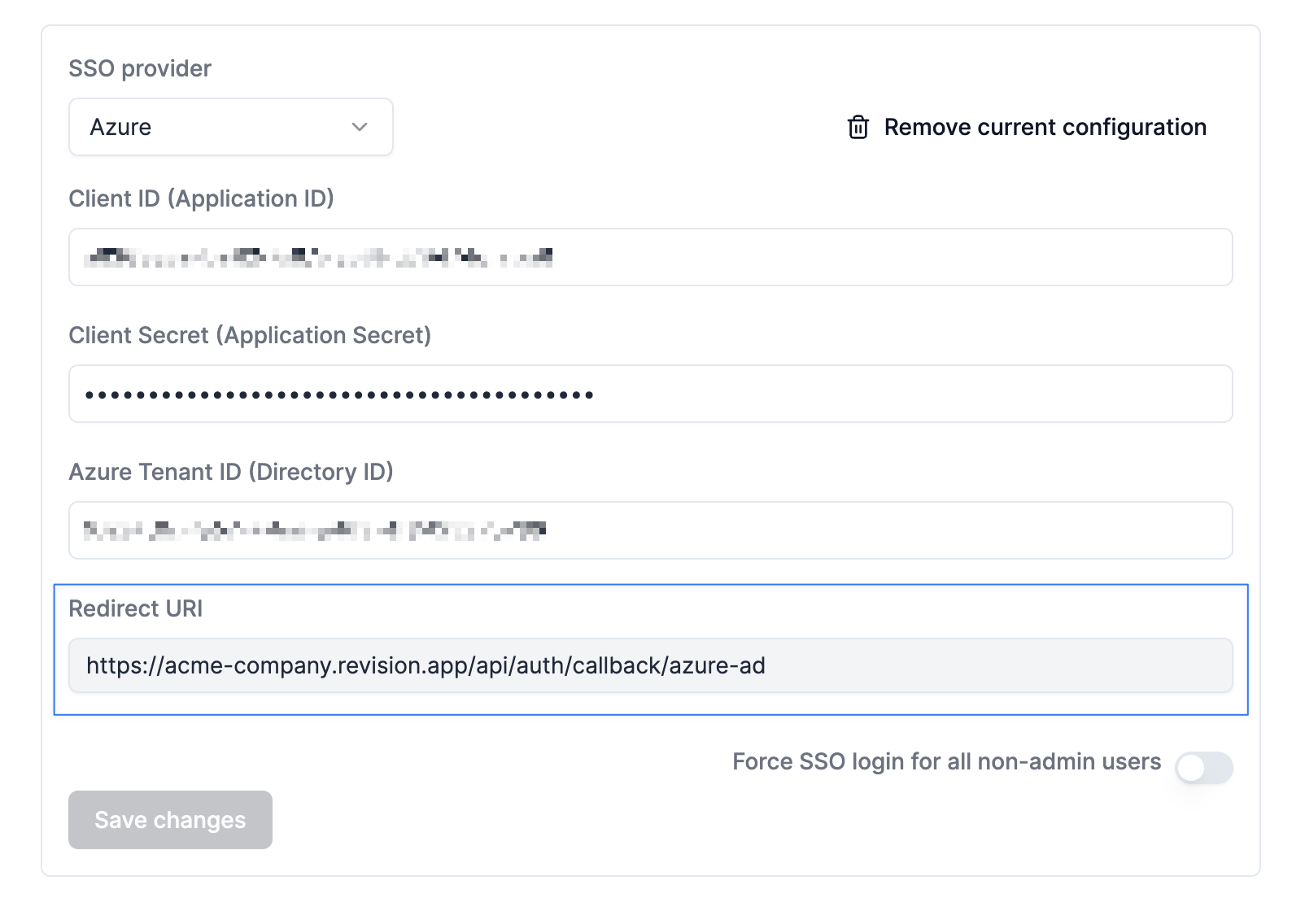 The SSO configuration page in Revision showing redirect URI field