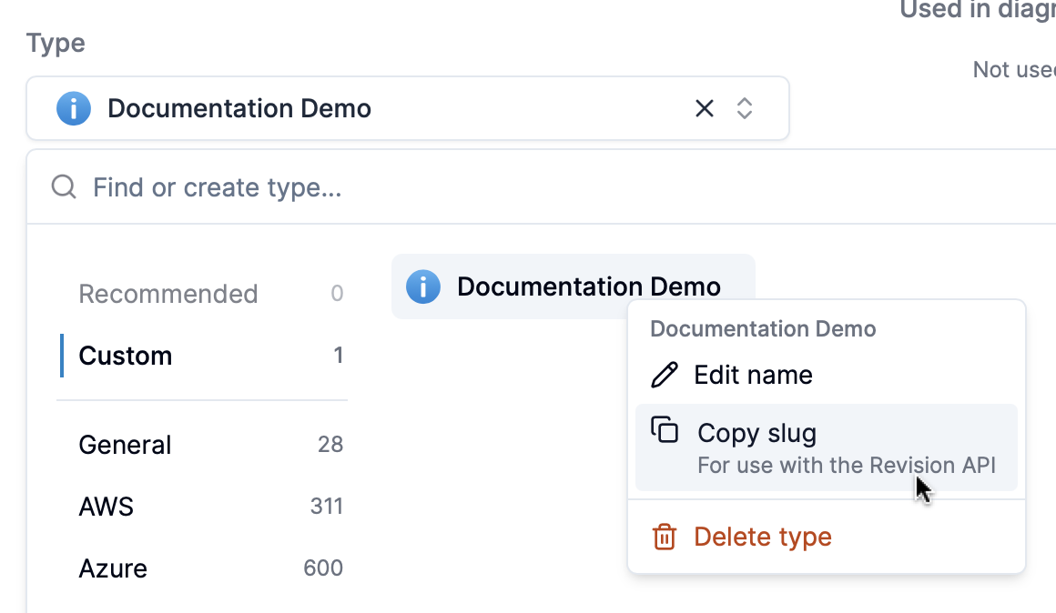 Type selector with context menu showing ID retrieval